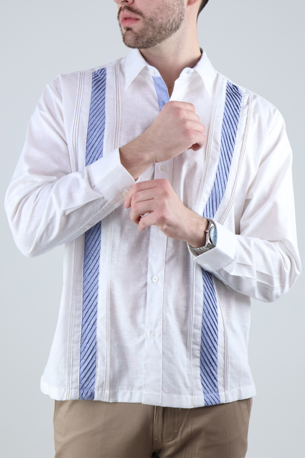 Camisa Hombre Tipo Guayabera Formal Manga Larga Con Contraste Detalle Alforzas